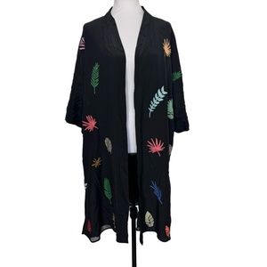 CAROLINA K Black Botanical Leaves Aplique Silk Crepe Open Kimono Cardigan Size M